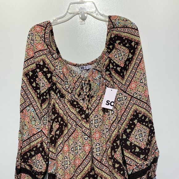 SO Women's Brown Multi Lace Inset Tiered Long Sleeve Babydoll Dress Medium NWT - Picture 4 of 12